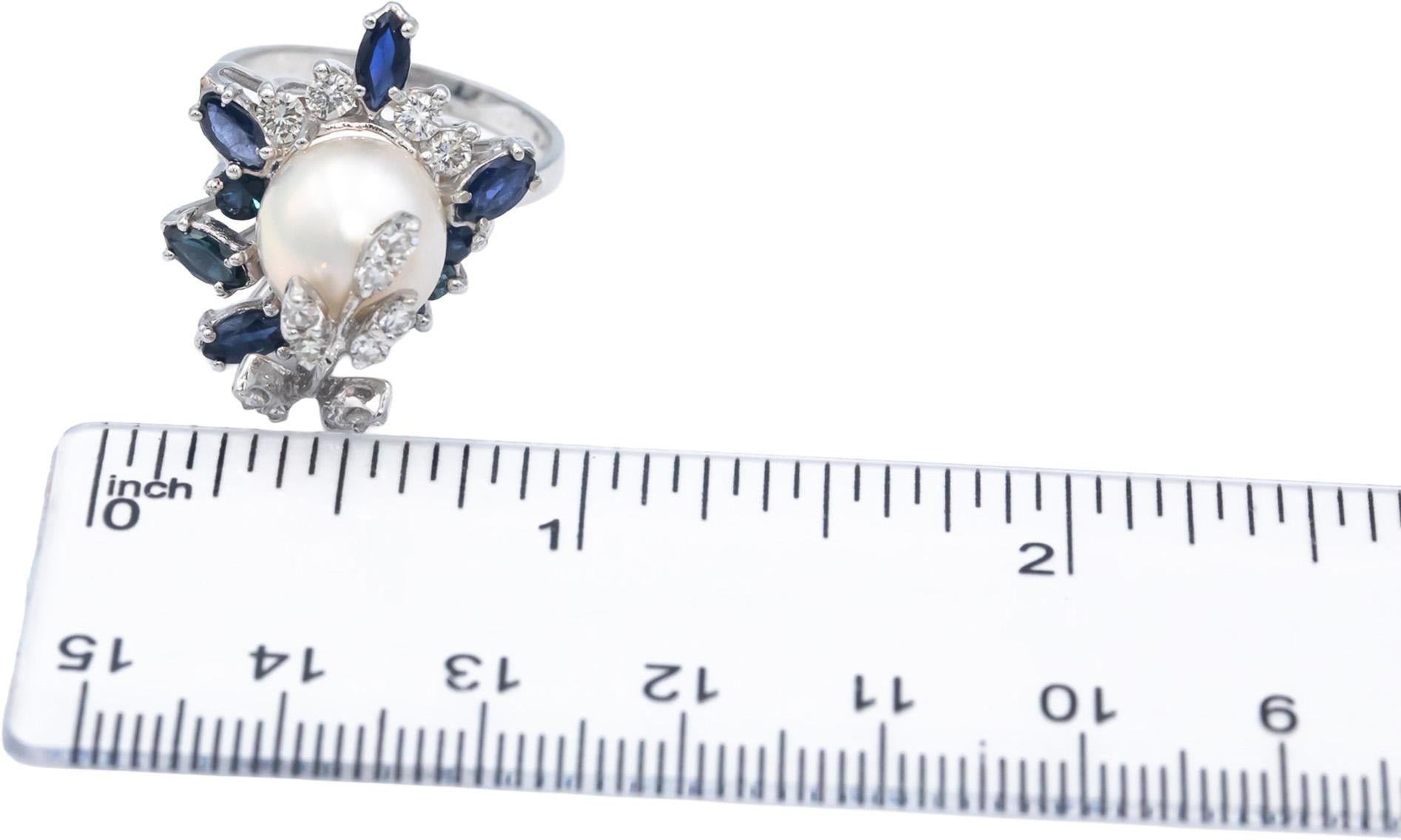 14k White Gold 1.50CT Diamond Sapphire and 10mm Pearl Cocktail Ring Size 8.25