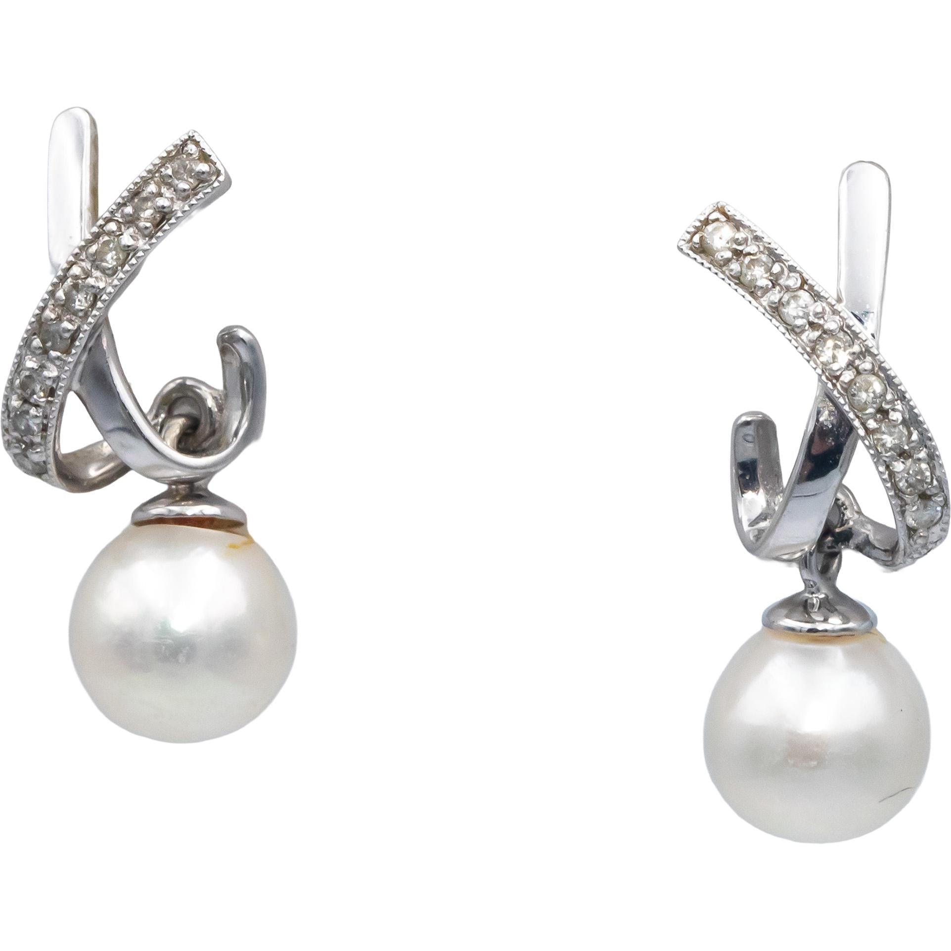 14k White Gold Diamond and Pearl Drop Dangle Earrings 0.15CT