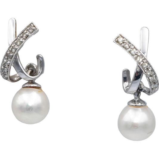 14k White Gold 0.15CT Diamond and 7.5mm Pearl Drop Dangle Earrings