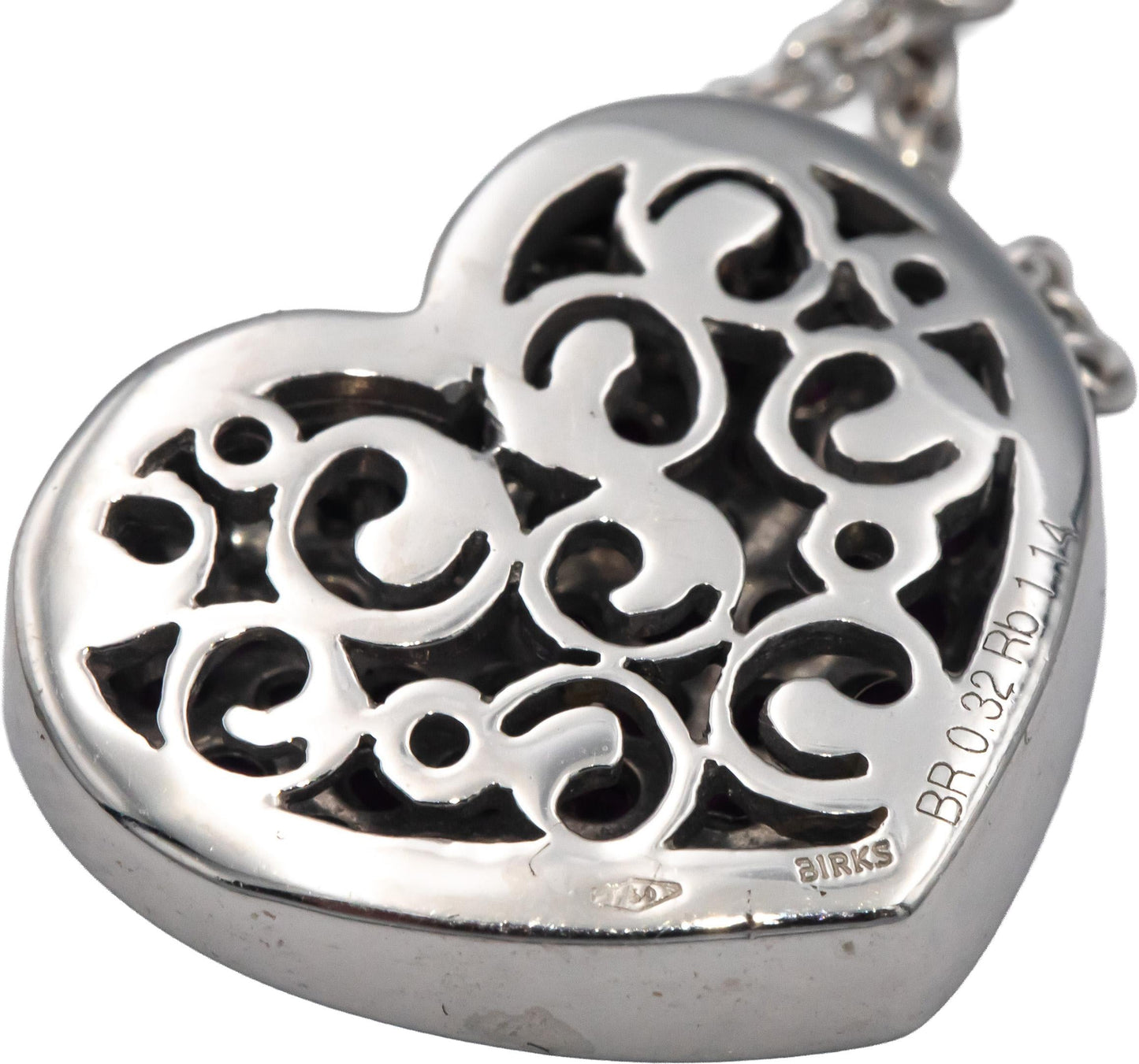 BIRKS 18k White Gold 1.46CT Diamond & Ruby Cluster Heart Pendant Chain Necklace