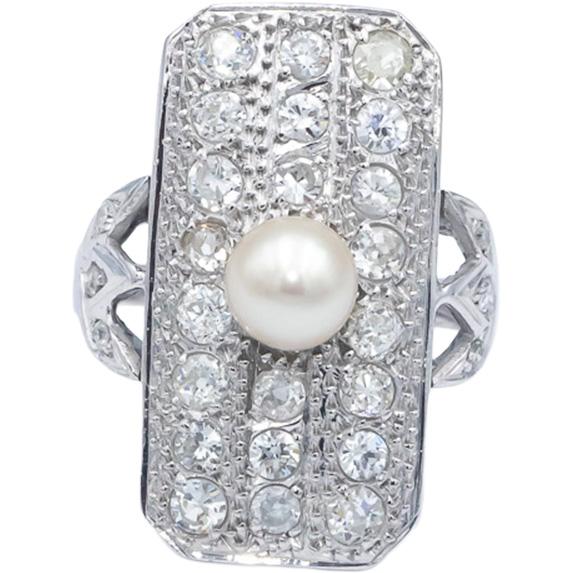 Vintage Antique 14k White Gold 1.25CT & 6.3mm Pearl Cocktail Ring Size 8