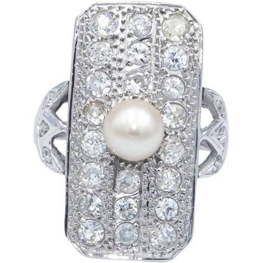 Vintage Antique 14k White Gold 1.25CT & 6.3mm Pearl Cocktail Ring Size 8