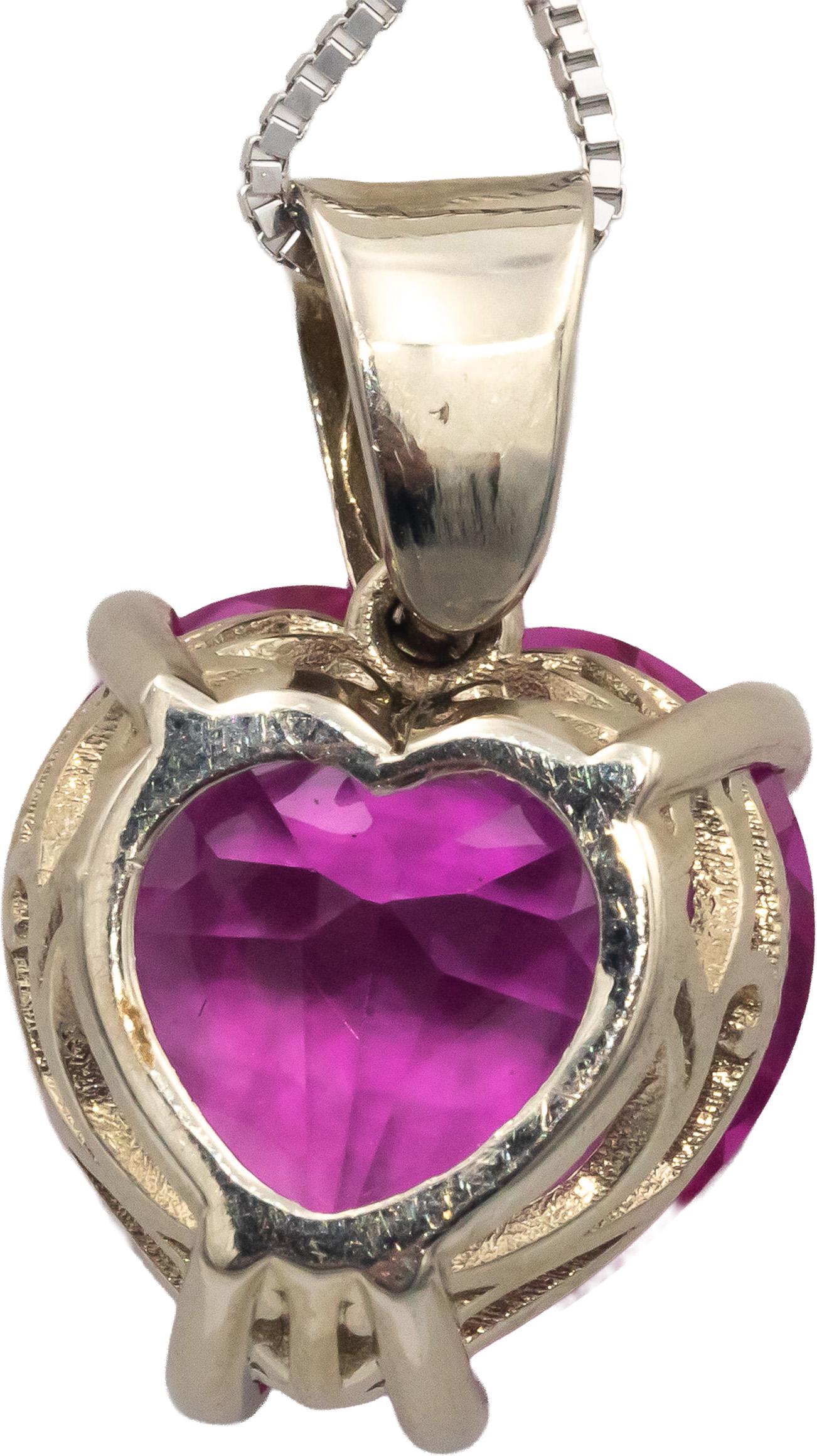 14k White Gold 14.0CT Heart Cut Simulated Pink Sapphire Pendant Necklace