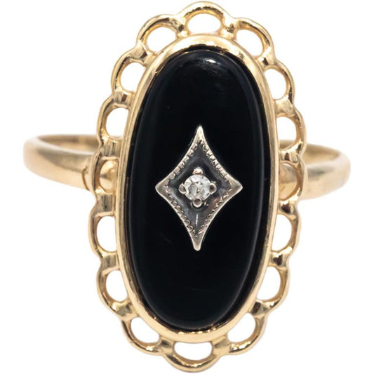 10k Yellow & White Gold Black Onyx Cocktail Ring Size 7 w/ Diamond Accent