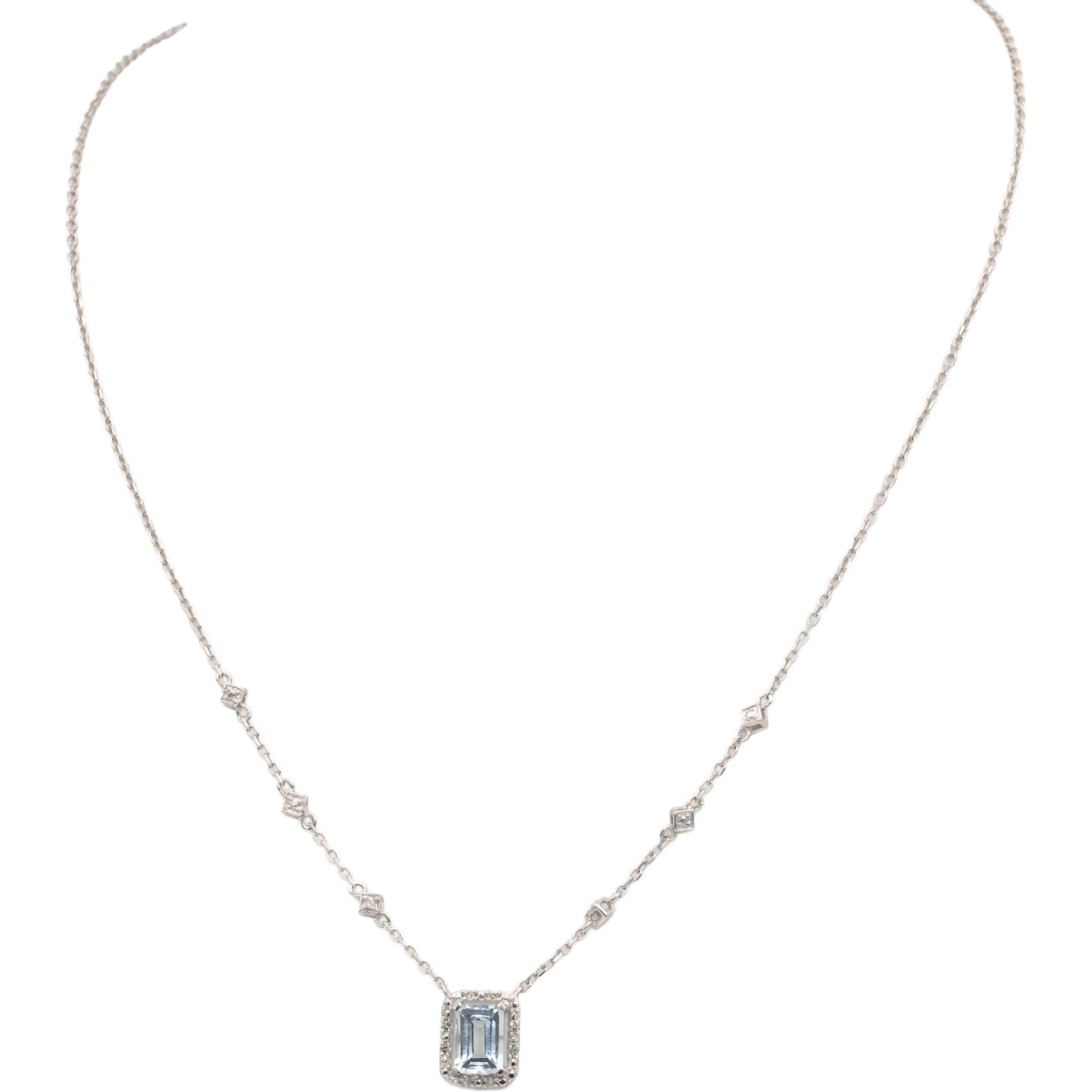 Diamond and Aquamarine 10k White Gold Jewelry Pendant Necklace 1.10CT
