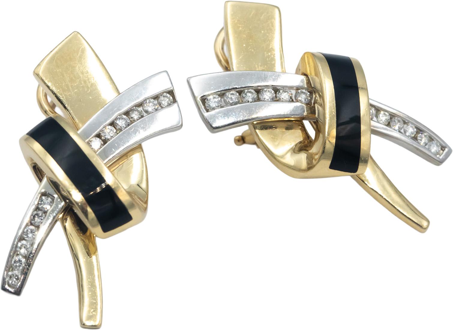 14k Yellow & White Gold Diamond and Black Onyx Abstract Earrings 0.50CT