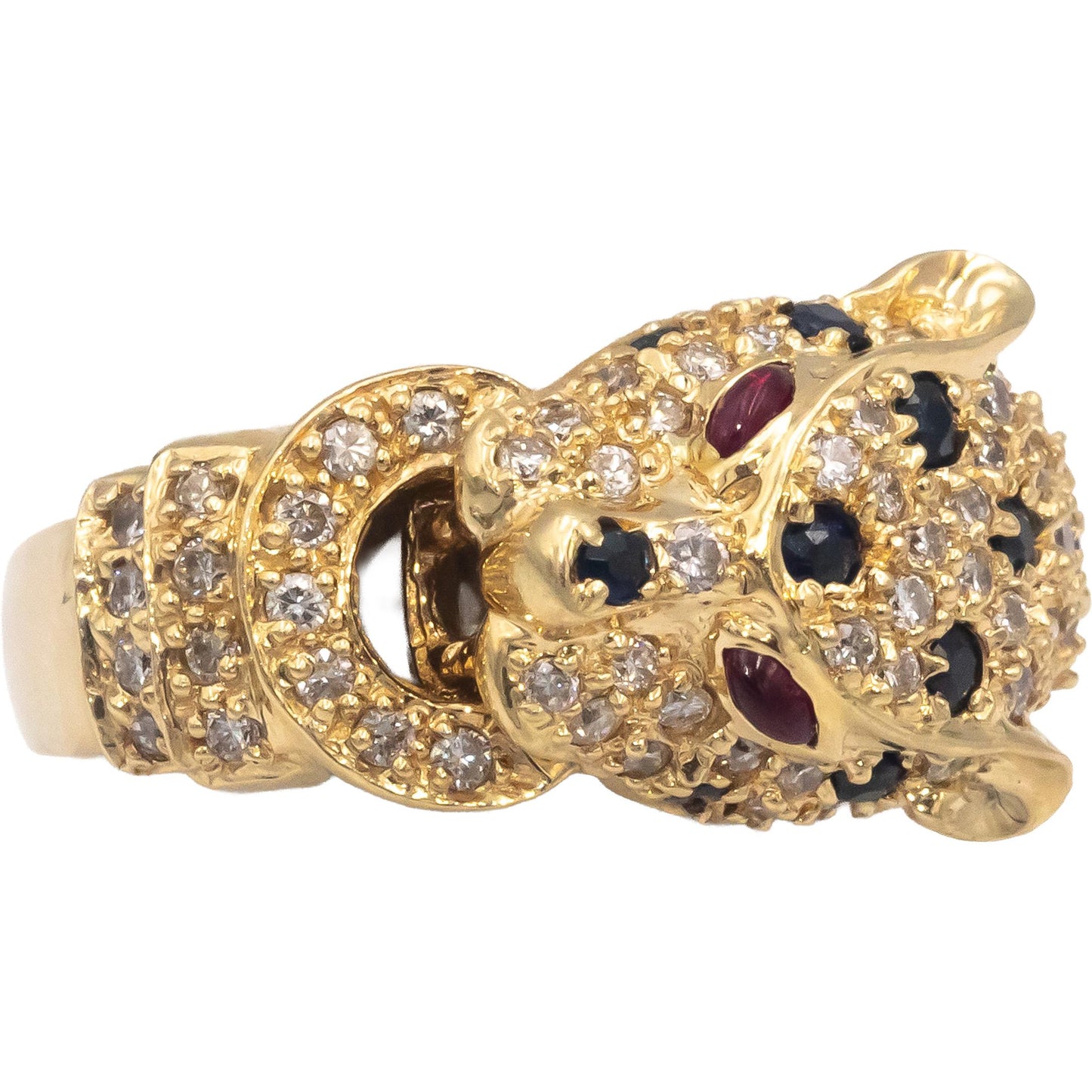 Diamond and Sapphire 14k Yellow Gold Panther Ring w/ Ruby Eyes 1.0CT Size 7