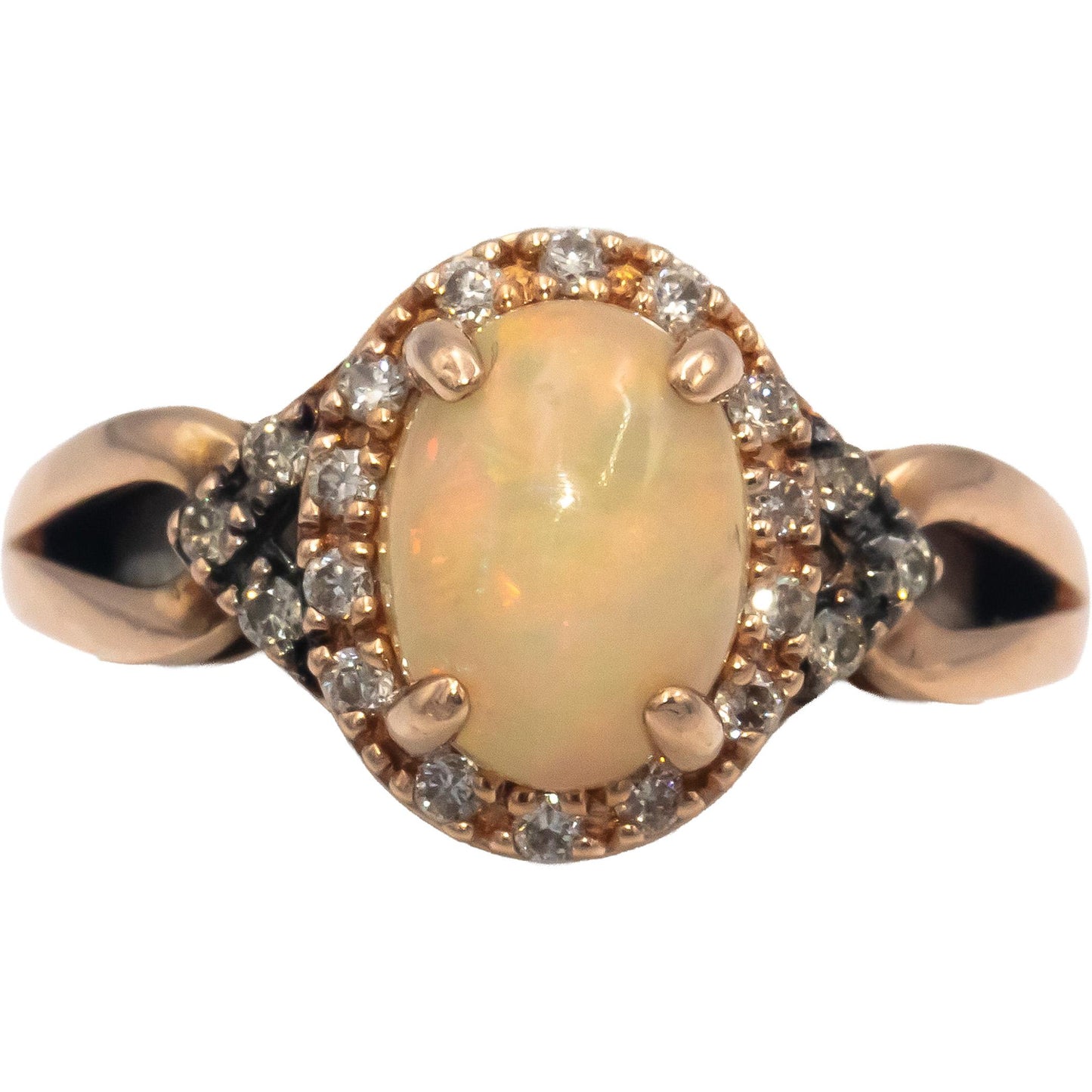 LE VIAN 14k Rose Gold Oval Cabochon Opal & Diamond Ring 0.15CT Size 4.25