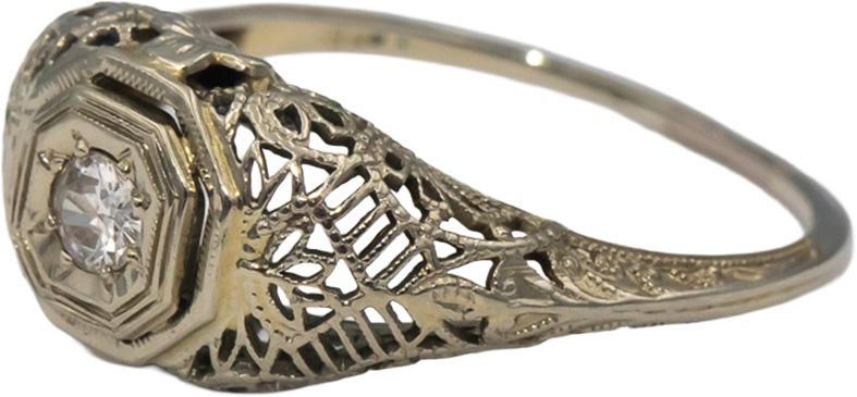 Vintage Antique 18k White Gold VS Diamond Solitaire Filigree Ring 0.10CT Size 8
