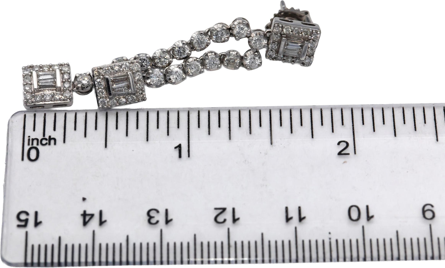 14k White Gold Round & Baguette Cut Diamond Drop Dangle Earrings 2.25CT