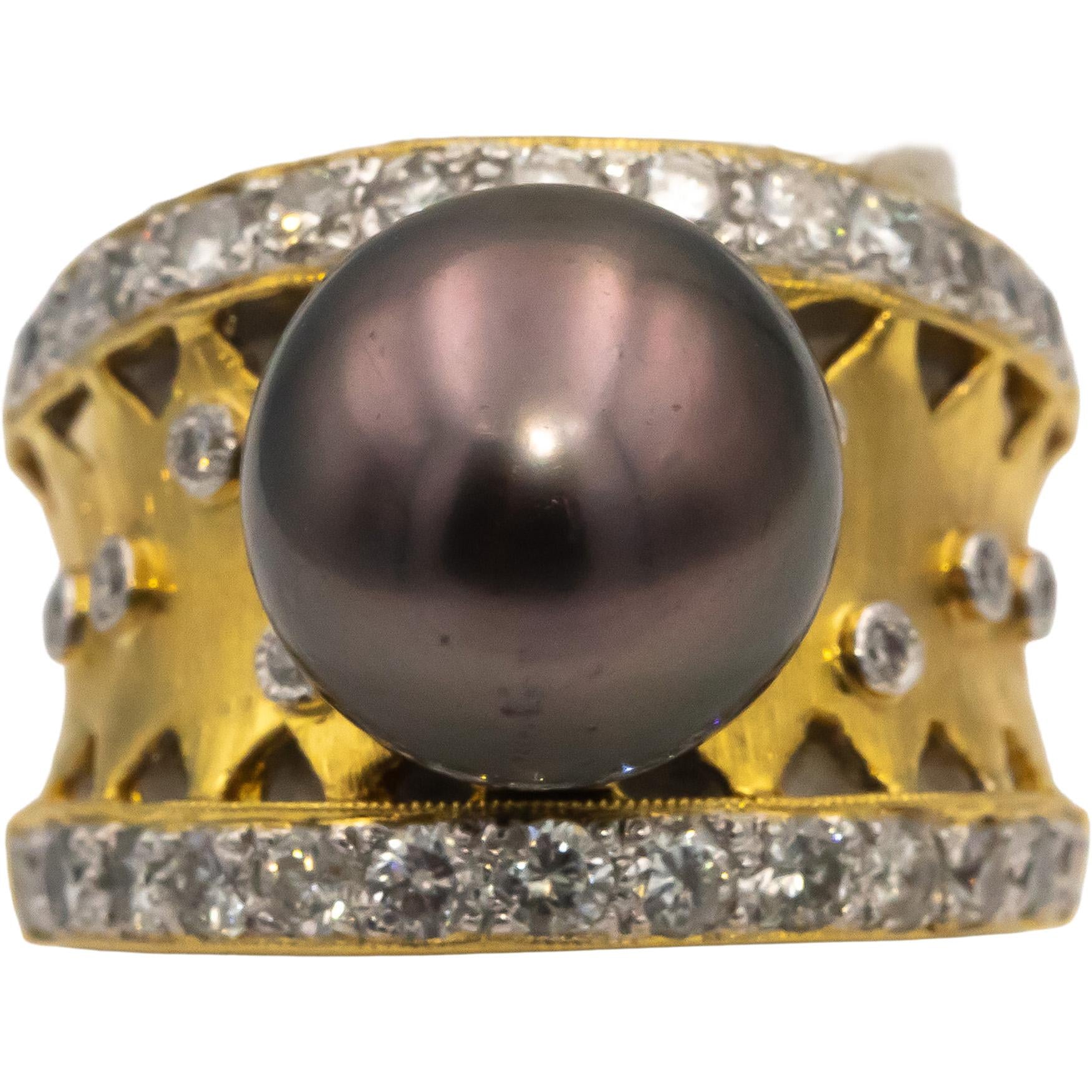 18k Yellow Gold VS Round Diamond & 11.2mm Black Tahitian Pearl Ring 1.0CT Size 8