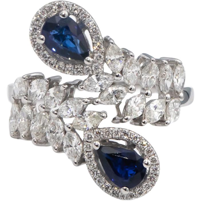 18k White Gold Blue Sapphire & VS Diamond By Pass Cocktail Ring 2.0CT Size 6.5