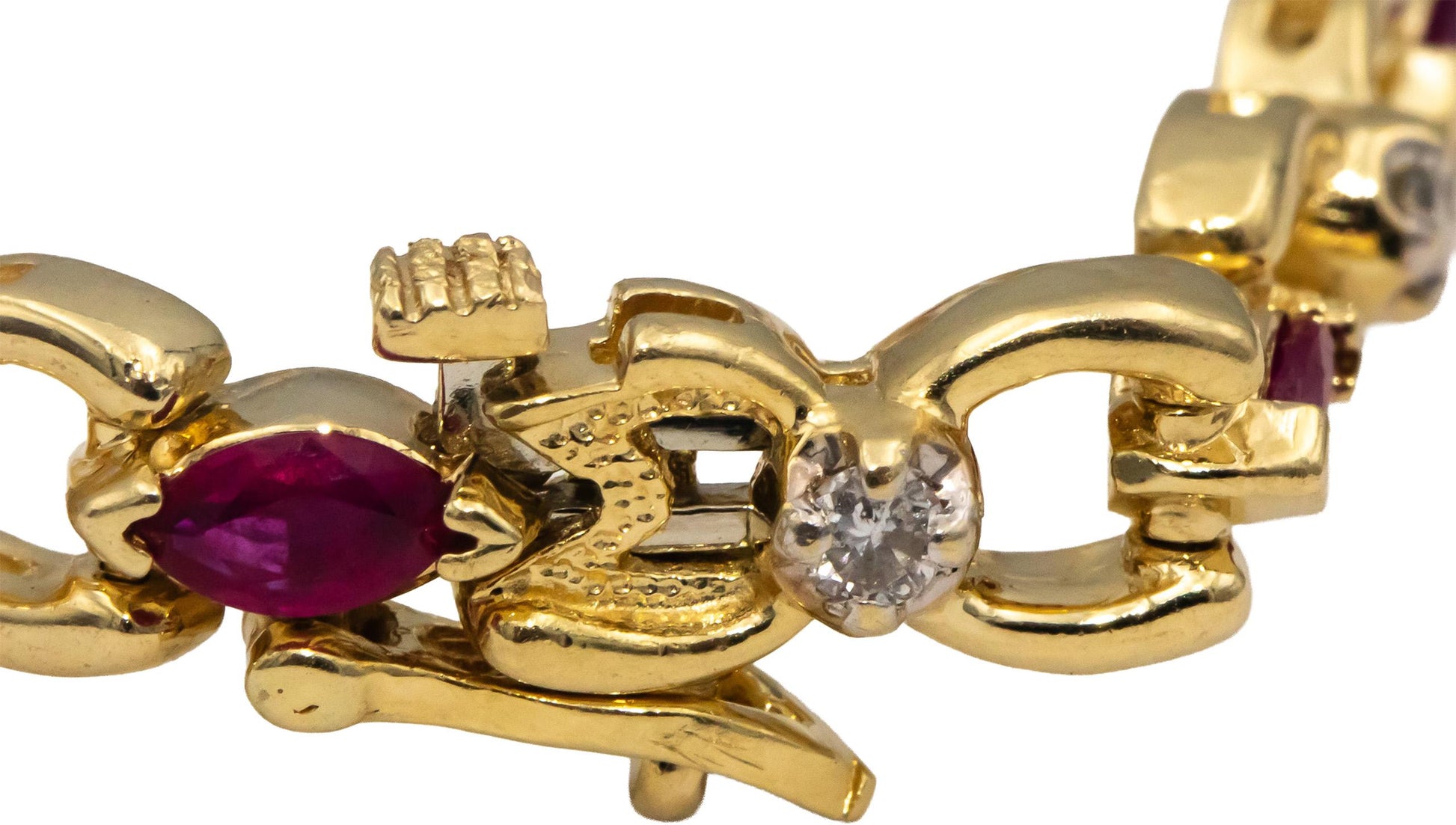 14k Yellow Gold Marquise Ruby Round Diamond Fancy Link Bracelet 1.55CT