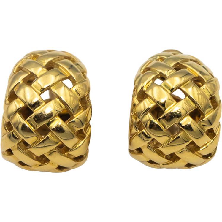 TIFFANY & CO. 18k Yellow Gold Vannerie Basket Weave Huggie Hoop Earrings