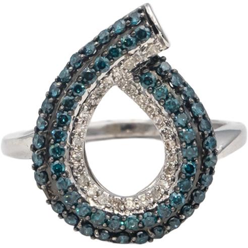 14k White Gold Round White & Blue Diamond Cluster Teardrop Ring 1.0CT Size 7.5
