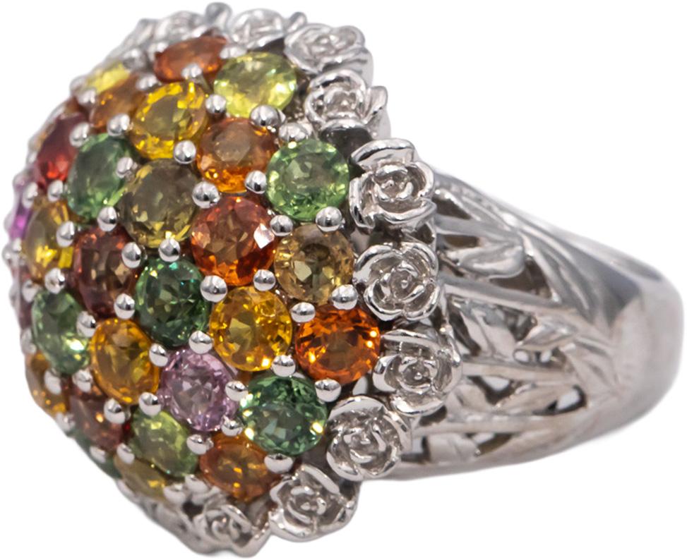 14k White Gold Round Cut Rainbow Sapphire Cluster Dome Ring 10.0CTW Size 8.75