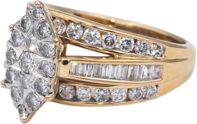 14k Yellow Gold Round & Baguette Diamond Cluster Cocktail Ring 1.50CT Size 7.25