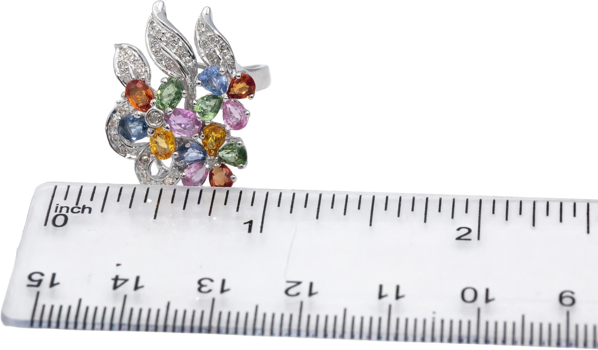 Designer 18k White Gold Diamond & Rainbow Sapphire Flower Ring 1.50CT Size 7.25