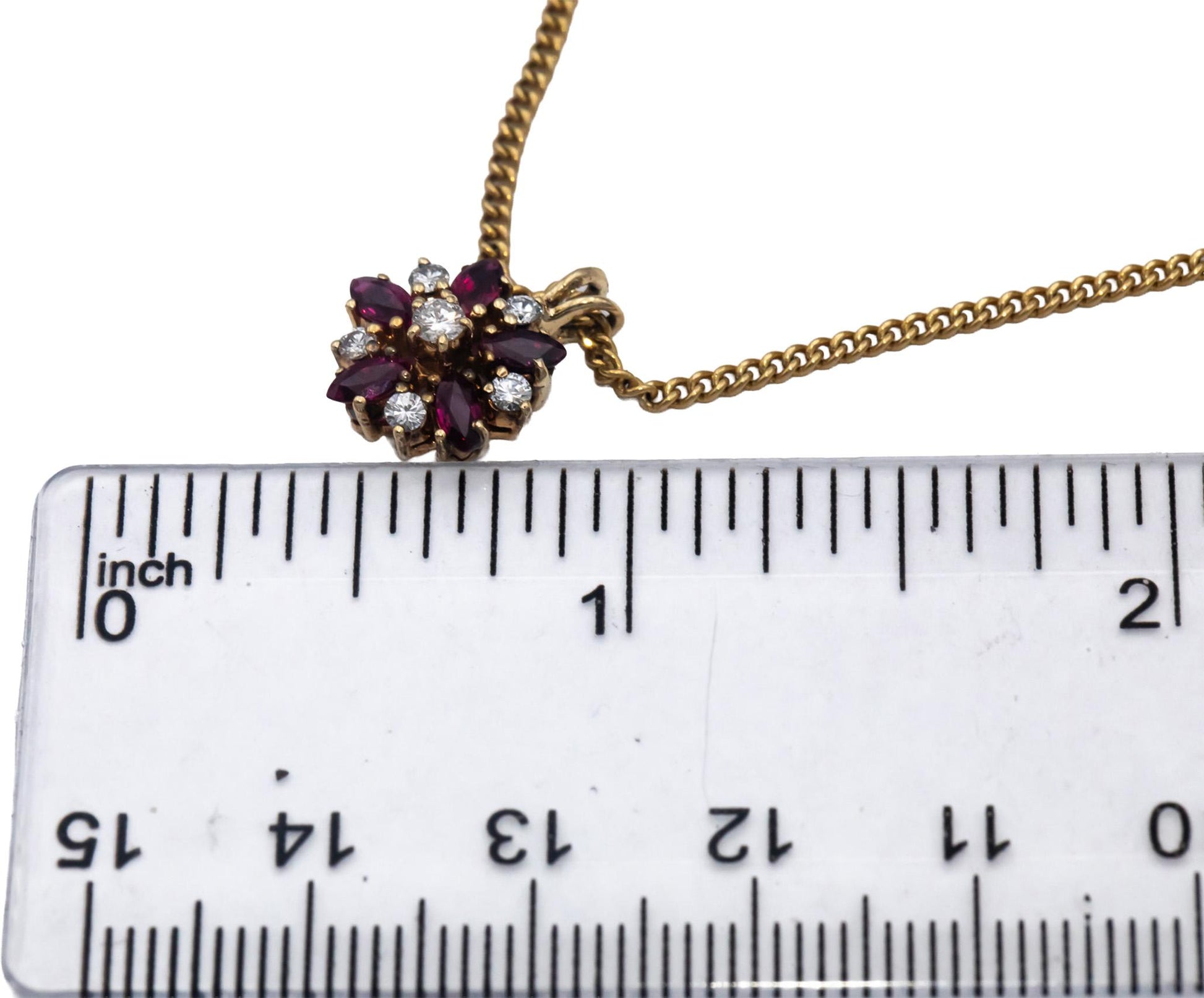 14k Yellow Gold Diamond and Ruby Floral Cluster Pendant Necklace 0.55CT