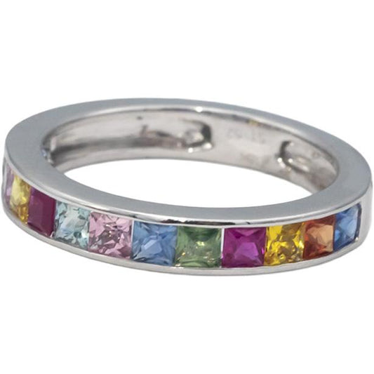 18k White Gold Square Channel Set Rainbow Sapphire Band Ring 1.52CT Size 7
