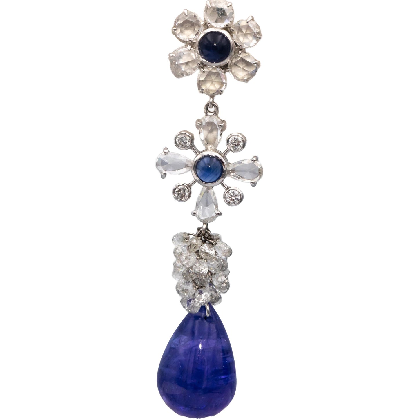 18k White Gold Diamond Sapphire Tanzanite Drop Dangle Flower Earrings 18.60CTW