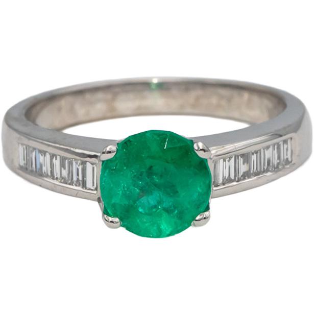 18k White Gold Round Emerald & Baguette Diamond Cocktail Ring 1.66CT Size 6.75