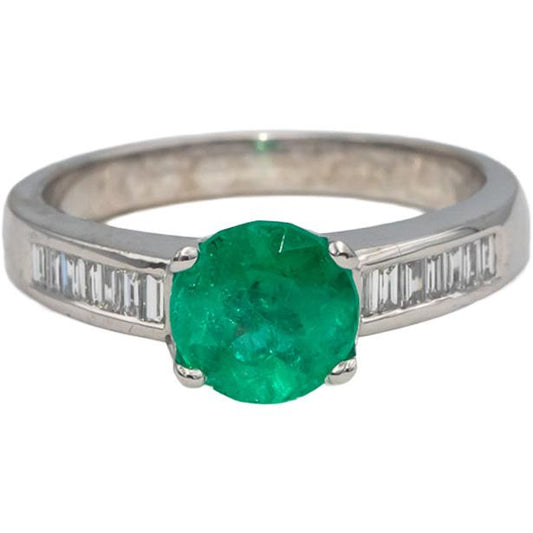 18k White Gold Round Emerald & Baguette Diamond Cocktail Ring 1.66CT Size 6.75