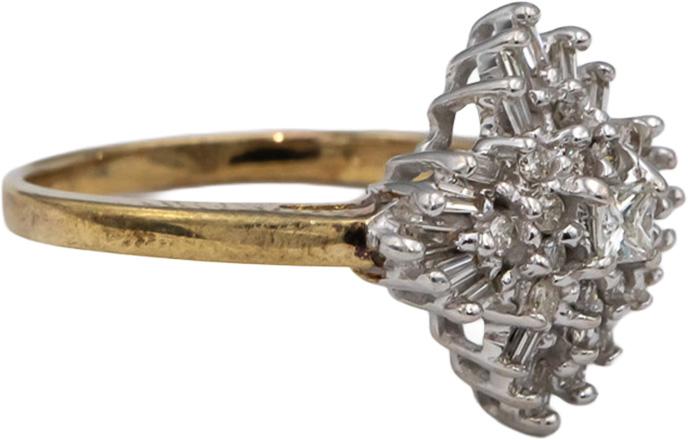 10k Yellow White Gold Round & Baguette Cut Diamond Cluster Ring 0.50CT Size 7