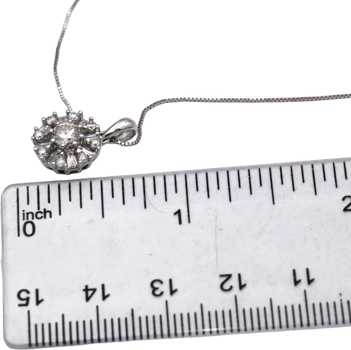 10k White Gold Round Baguette Diamond Cluster Starburst Pendant Necklace 0.76CT