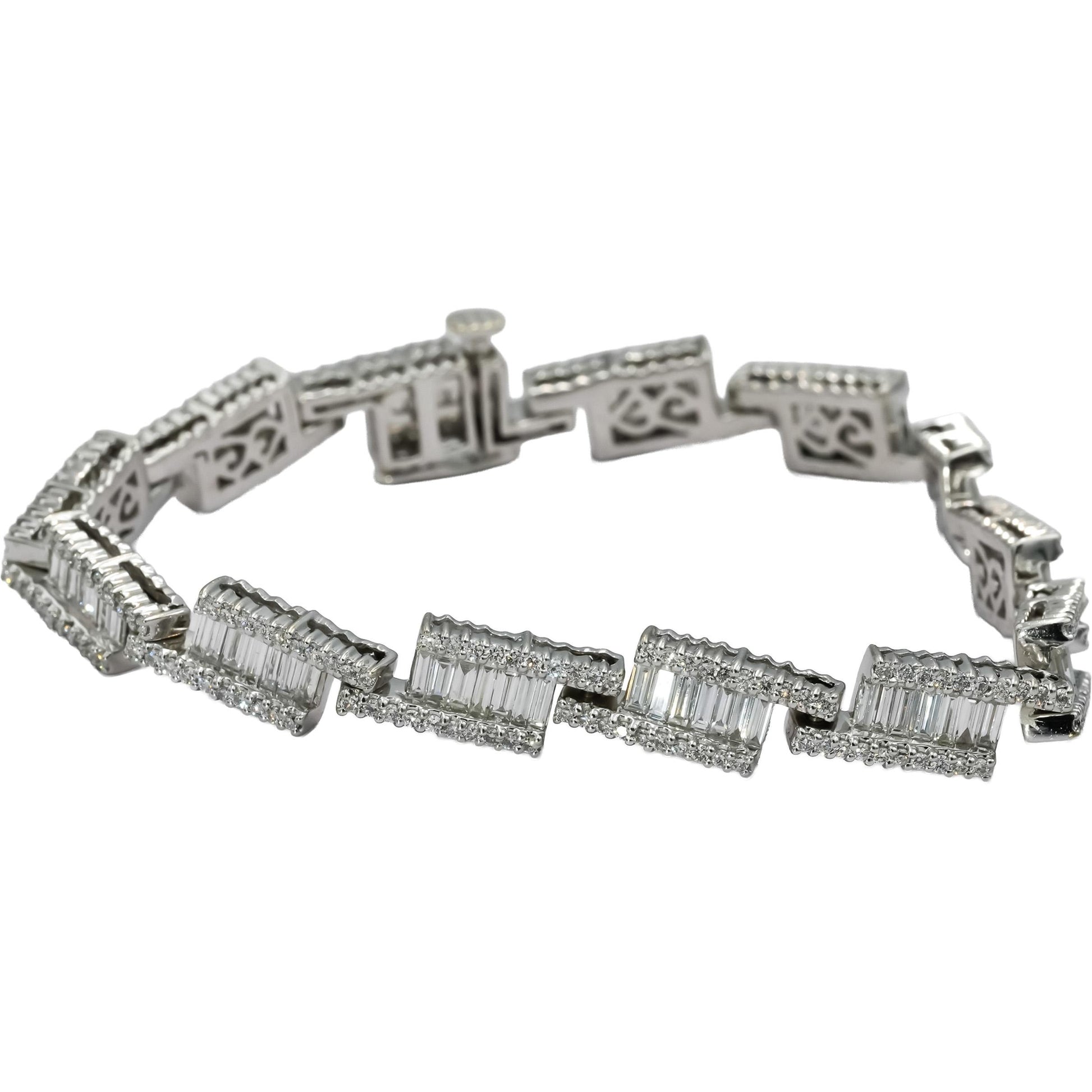 14k White Gold VS Round and Emerald Cut Diamond Fancy Link Bracelet 6.50CT