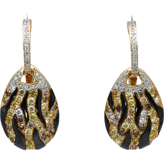 14k Yellow Gold Round Diamond & Enamel Animal Stripe Drop Dangle Earrings 1.25CT