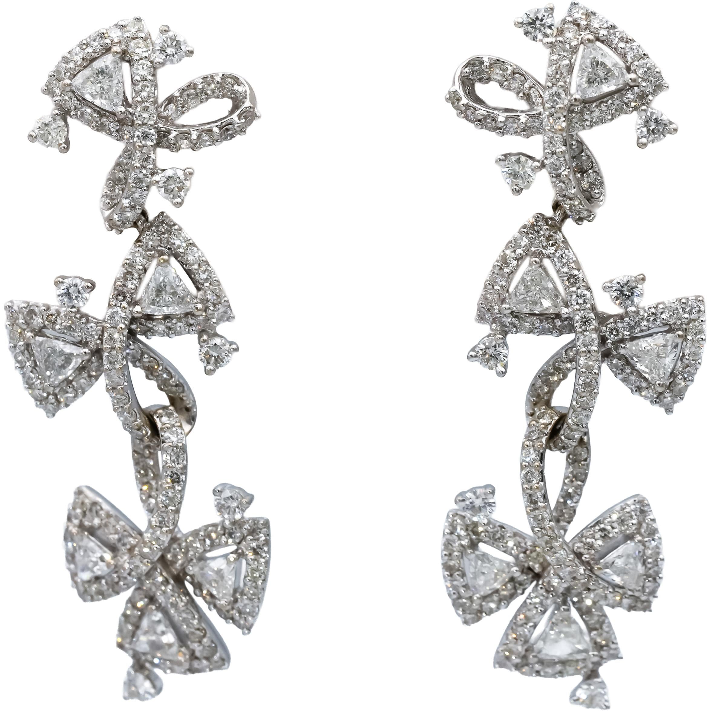 18k White Gold VS Round & Trillion Cut Diamond Drop Dangle Earrings 4.0CT