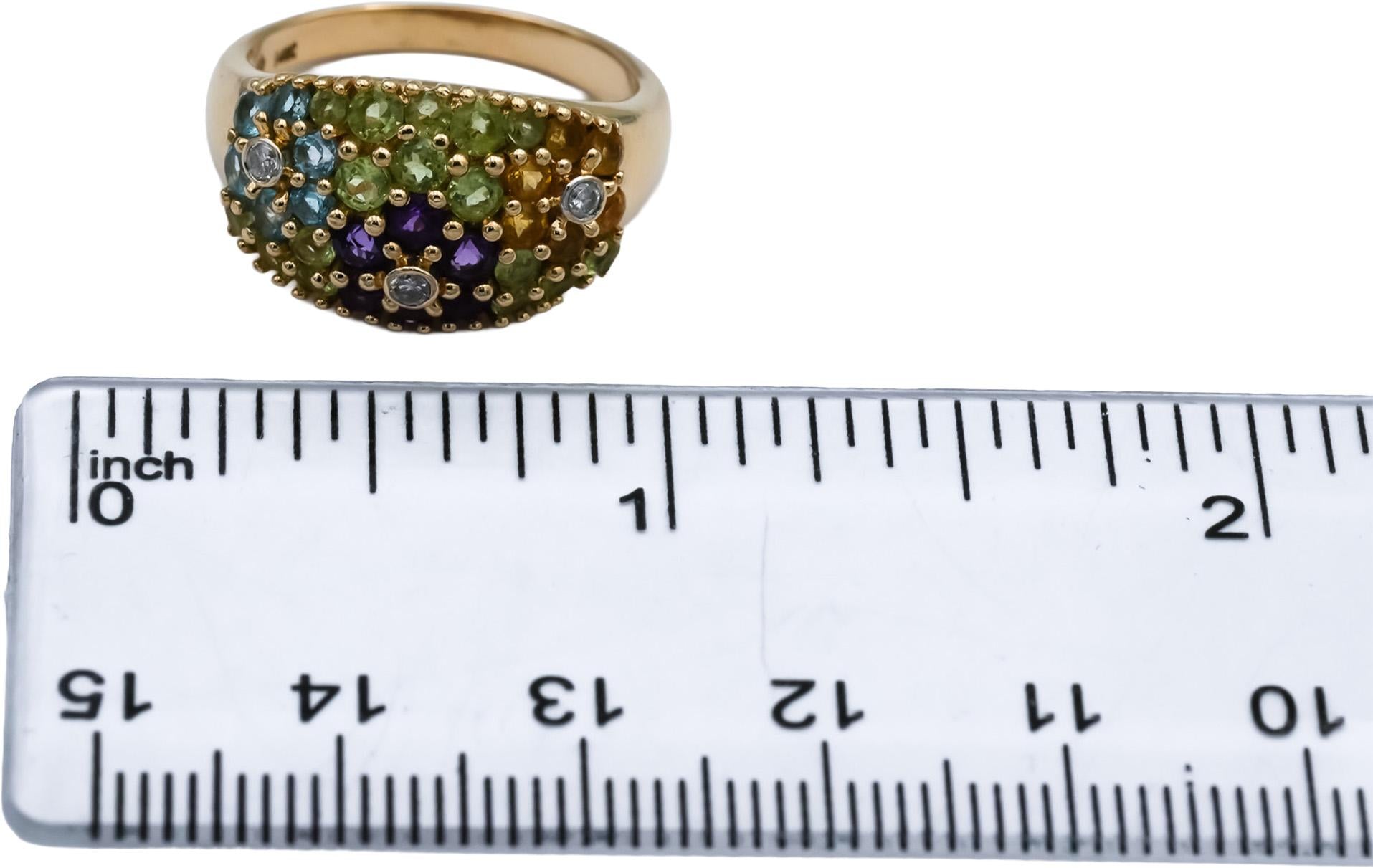 14k Yellow Gold Diamond and Assorted Gemstone Cluster Ring 0.05CT Size 6.5
