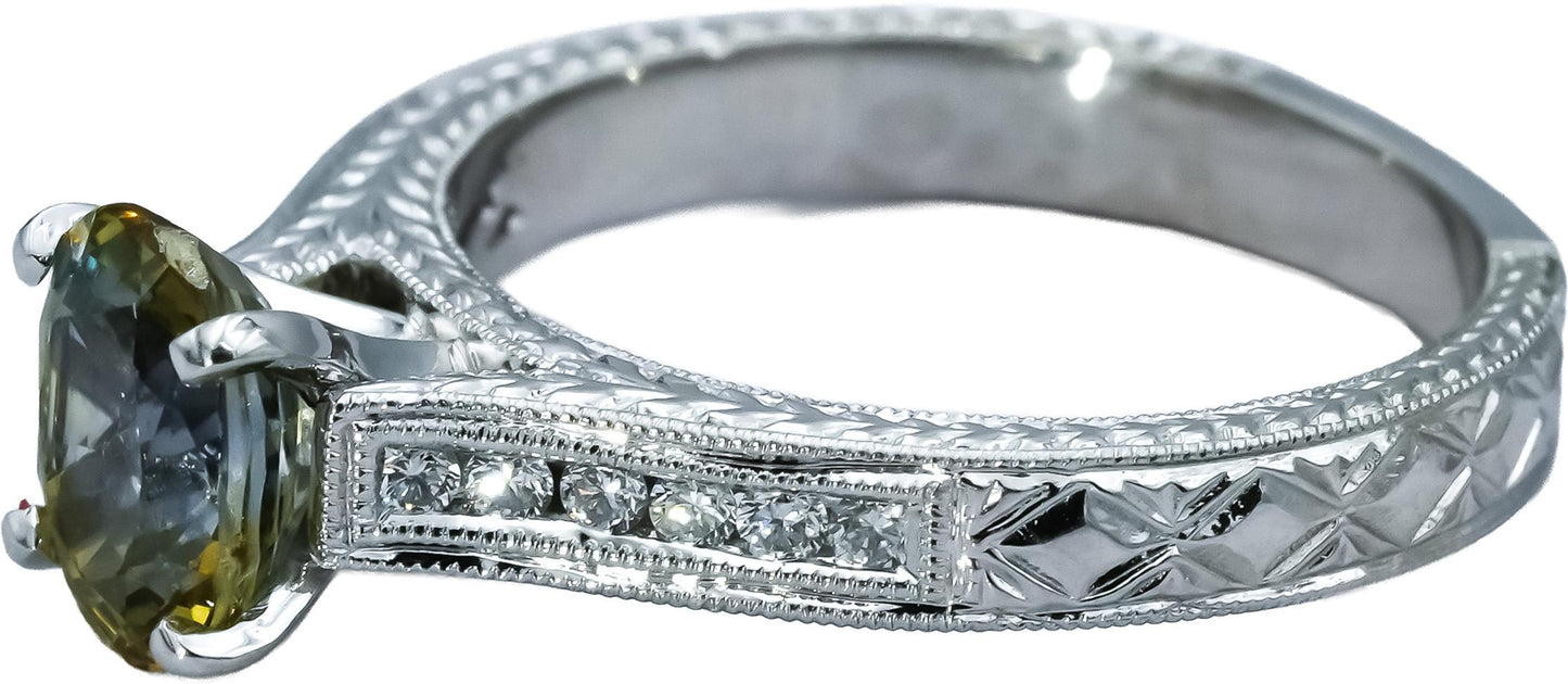 18k White Gold Diamond and Bi-Color Sapphire Ring 1.84CT Size 6.5