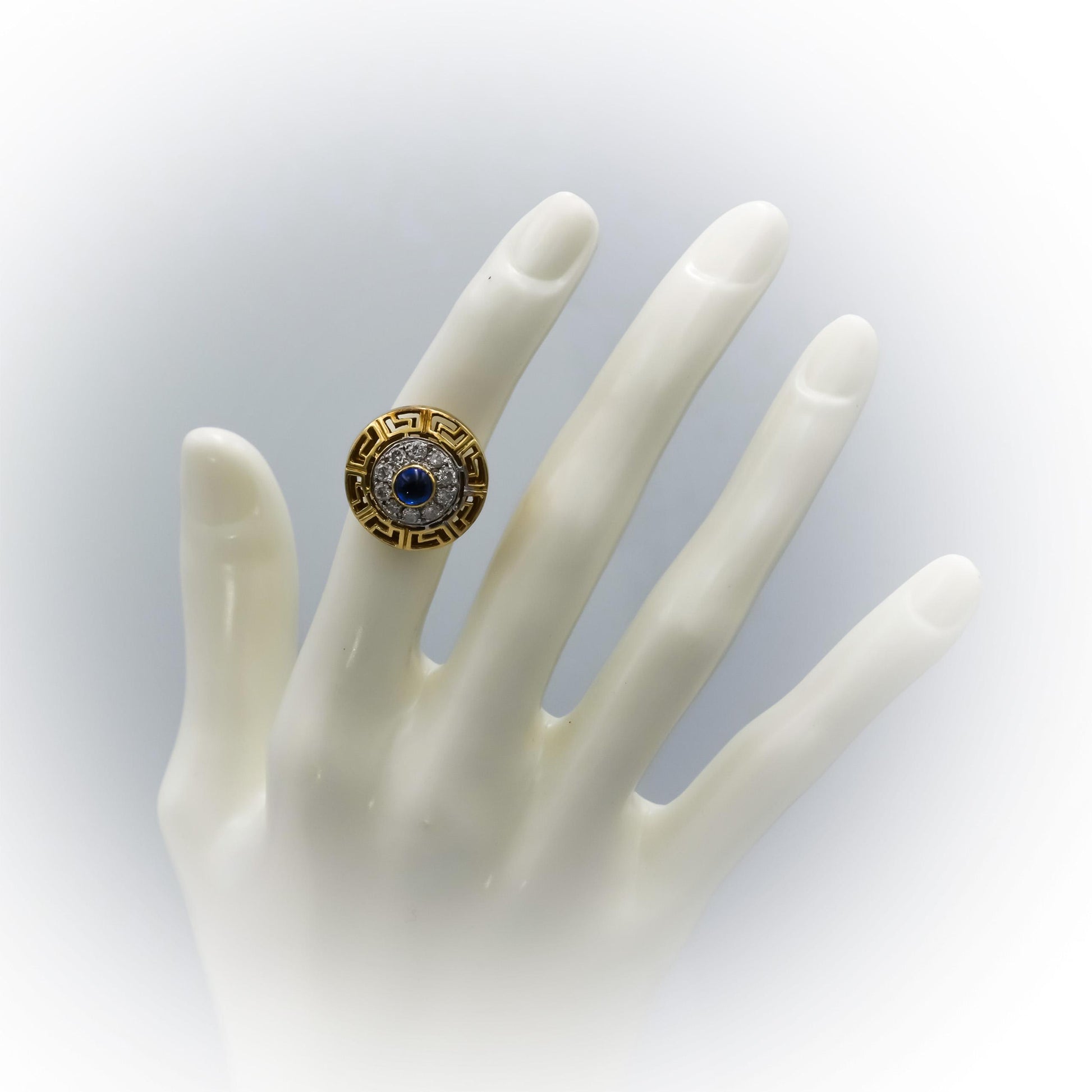 14k Yellow & White Gold Diamond Cabochon Sapphire Greek Key Ring .50CT Size 5