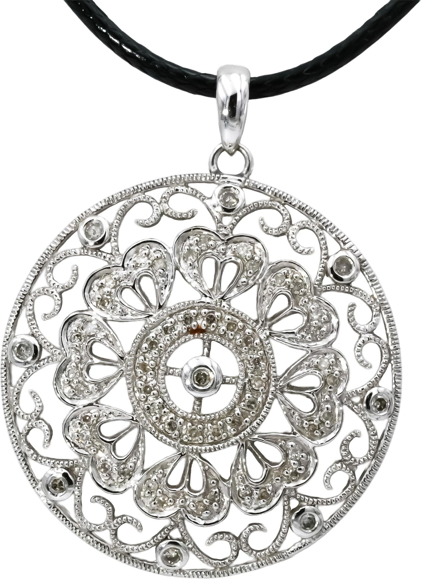 14k White Gold Round Diamond Floral Circle Pendant Necklace 0.25CT