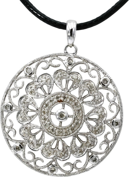 14k White Gold Round Diamond Floral Circle Pendant Necklace 0.25CT