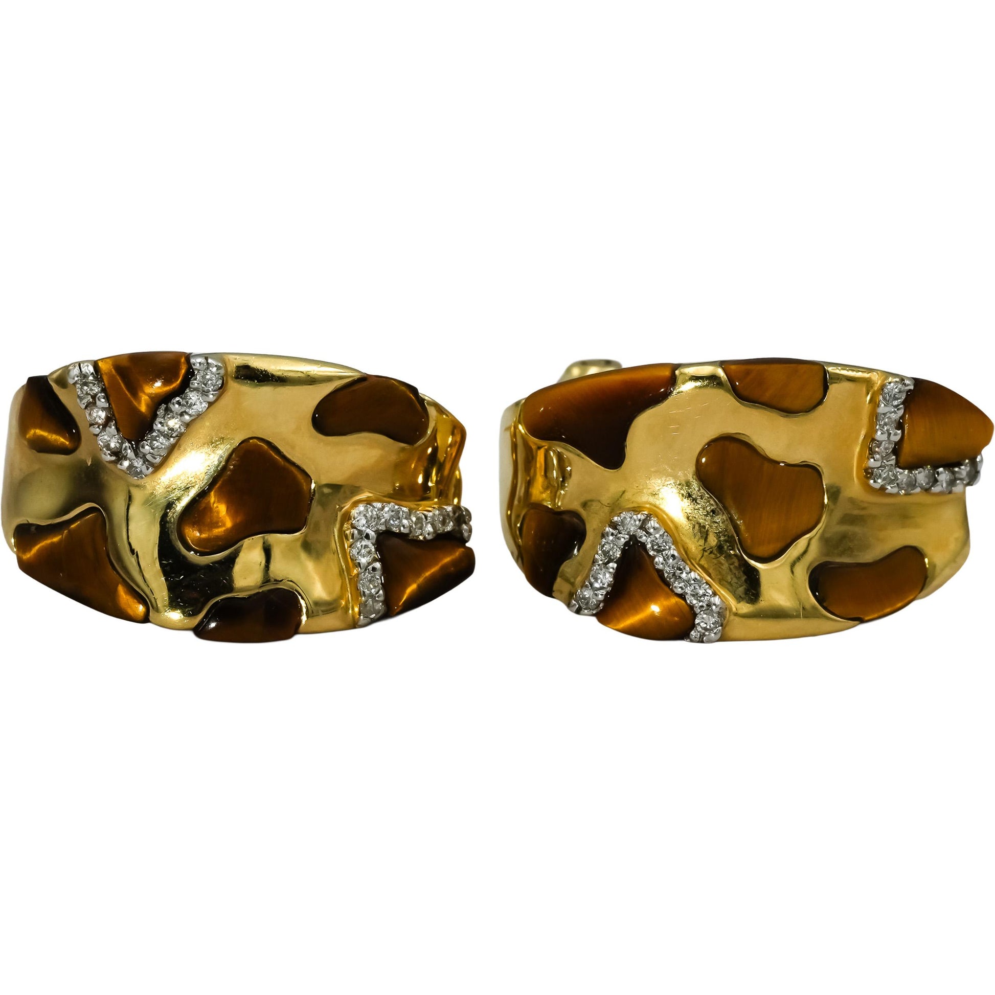 14k Yellow Gold Diamond and Tiger's Eye Curved Earrings 0.30CT