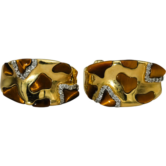 14k Yellow Gold Diamond and Tiger's Eye Curved Earrings 0.30CT