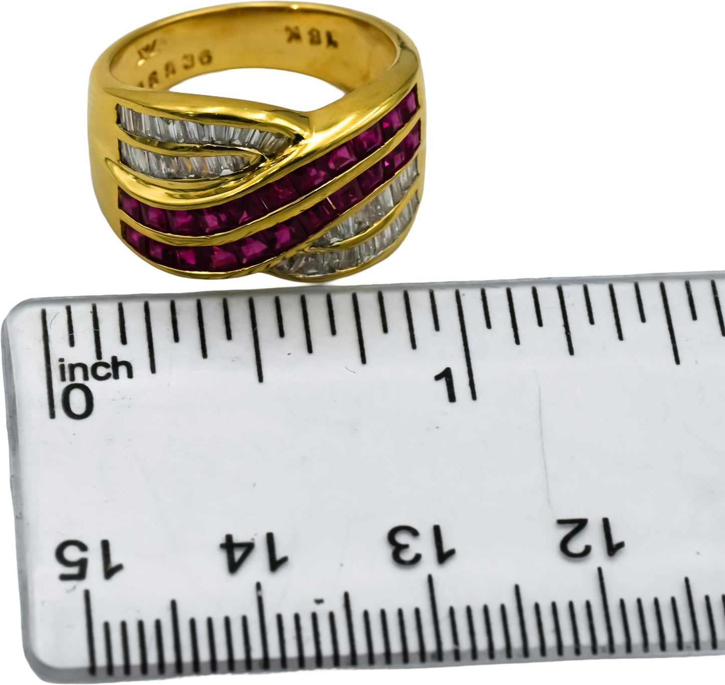 LE VIAN 18k Yellow Gold Diamond and Ruby Crossover Band Ring 2.0CT Size 7