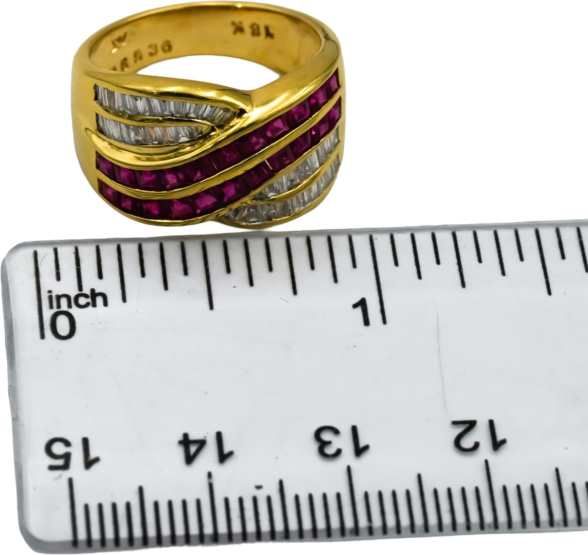LE VIAN 18k Yellow Gold Diamond and Ruby Crossover Band Ring 2.0CT Size 7