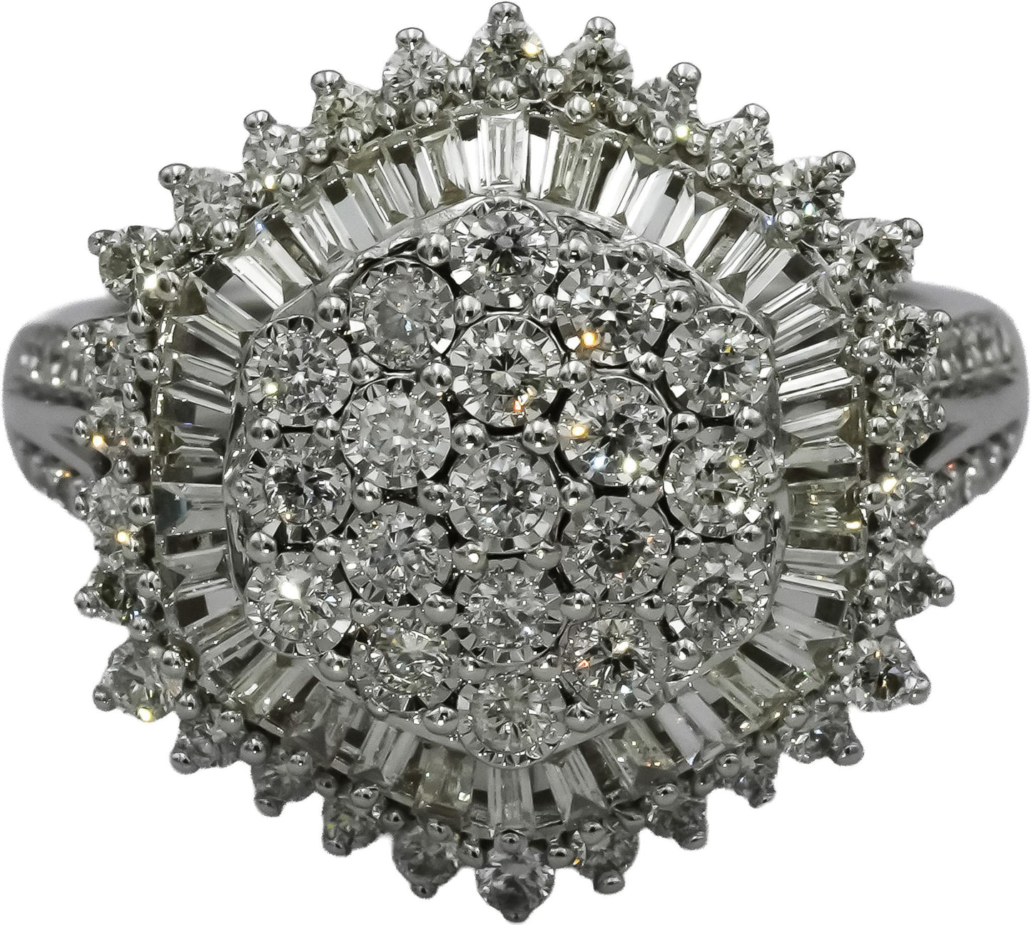14k White Gold VS Round and Baguette Diamond Cluster Ring 1.50CT Size 7.25
