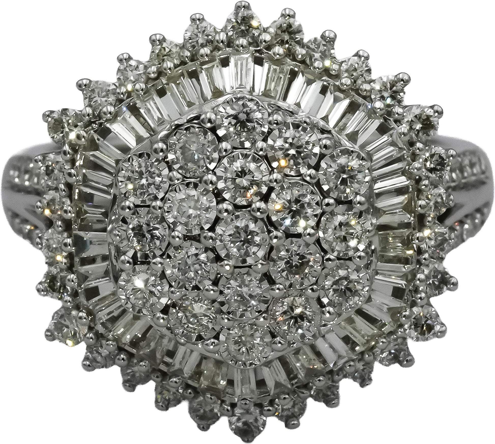 14k White Gold VS Round and Baguette Diamond Cluster Ring 1.50CT Size 7.25