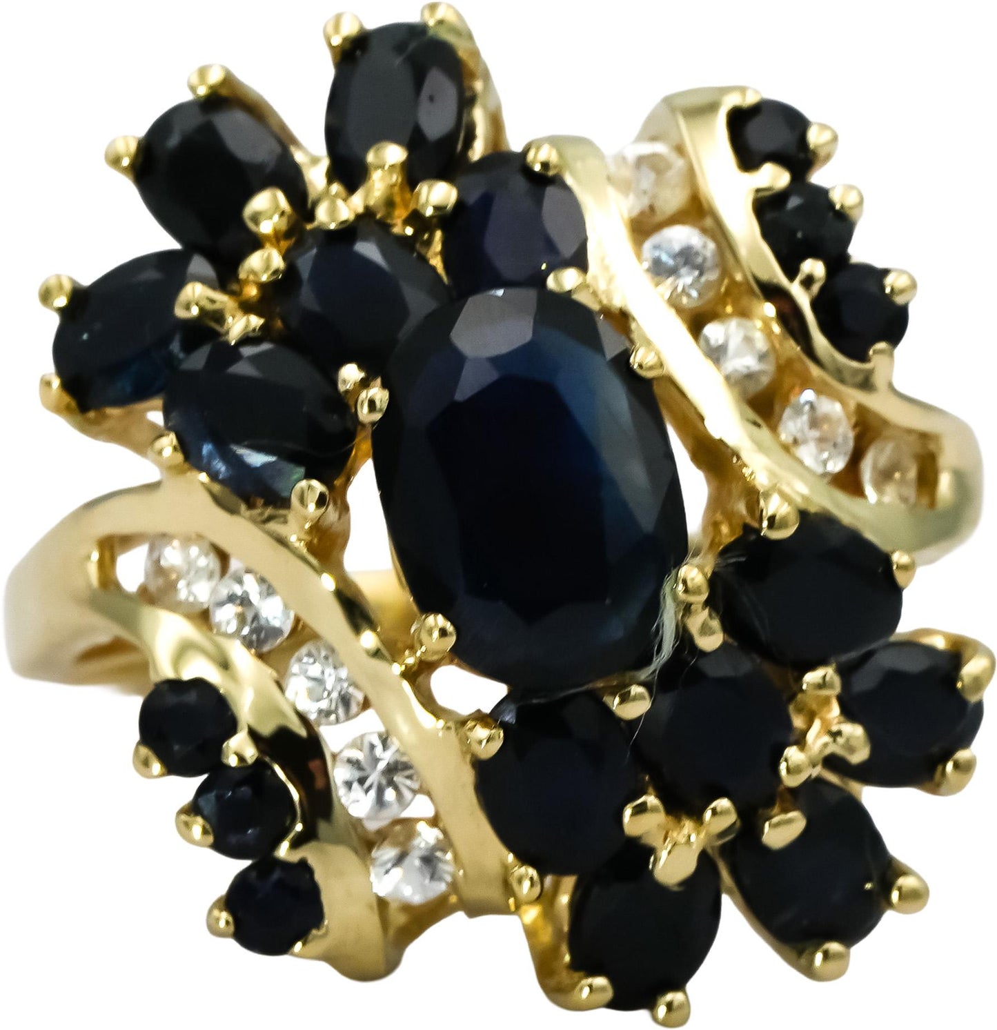 14k Yellow Gold White and Blue Sapphire Cluster Cocktail Ring 3.0CT Size 8.5