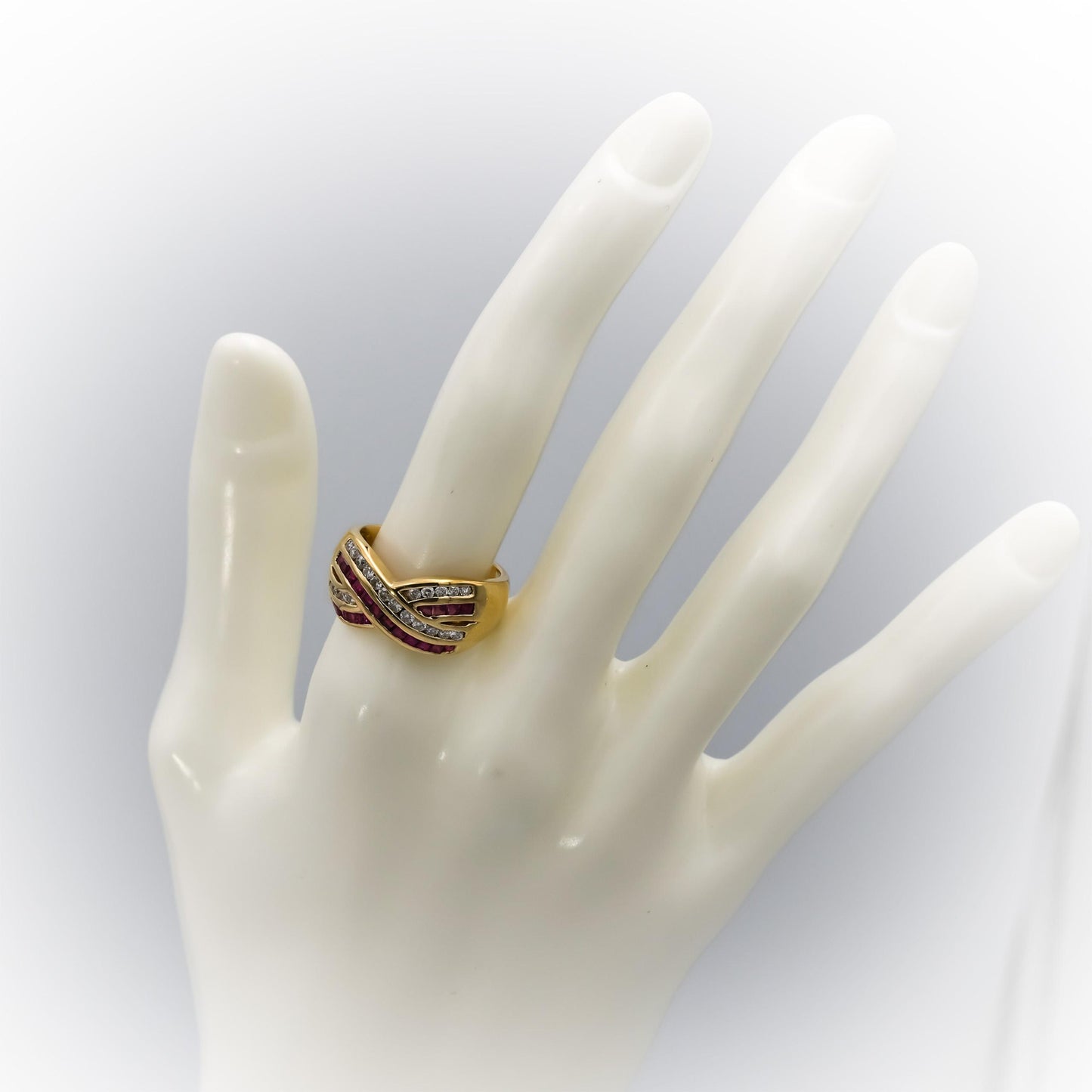 14k Yellow Gold Diamond and Ruby Crossover Band Ring 1.25CT Size 8