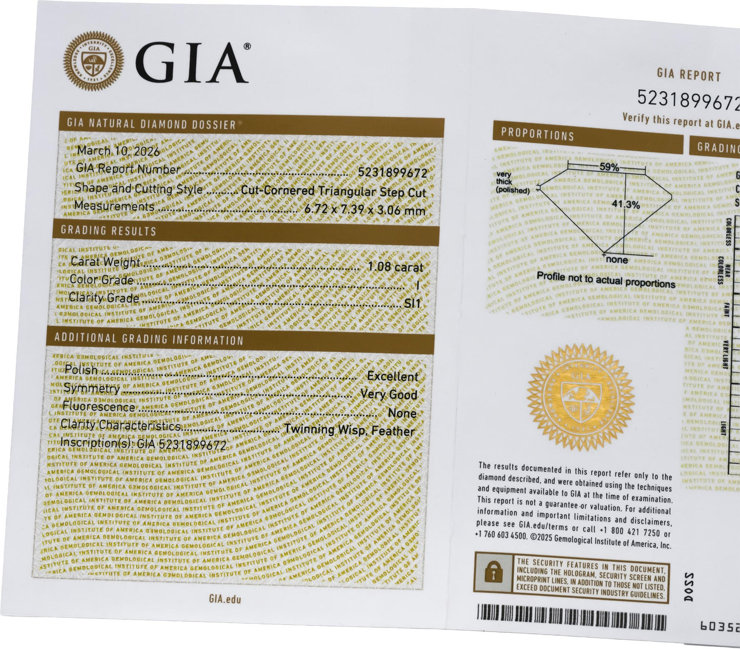 GIA 14k Yellow Gold SI1/I Trillion Step Cut Diamond Pendant Necklace 1.08CT