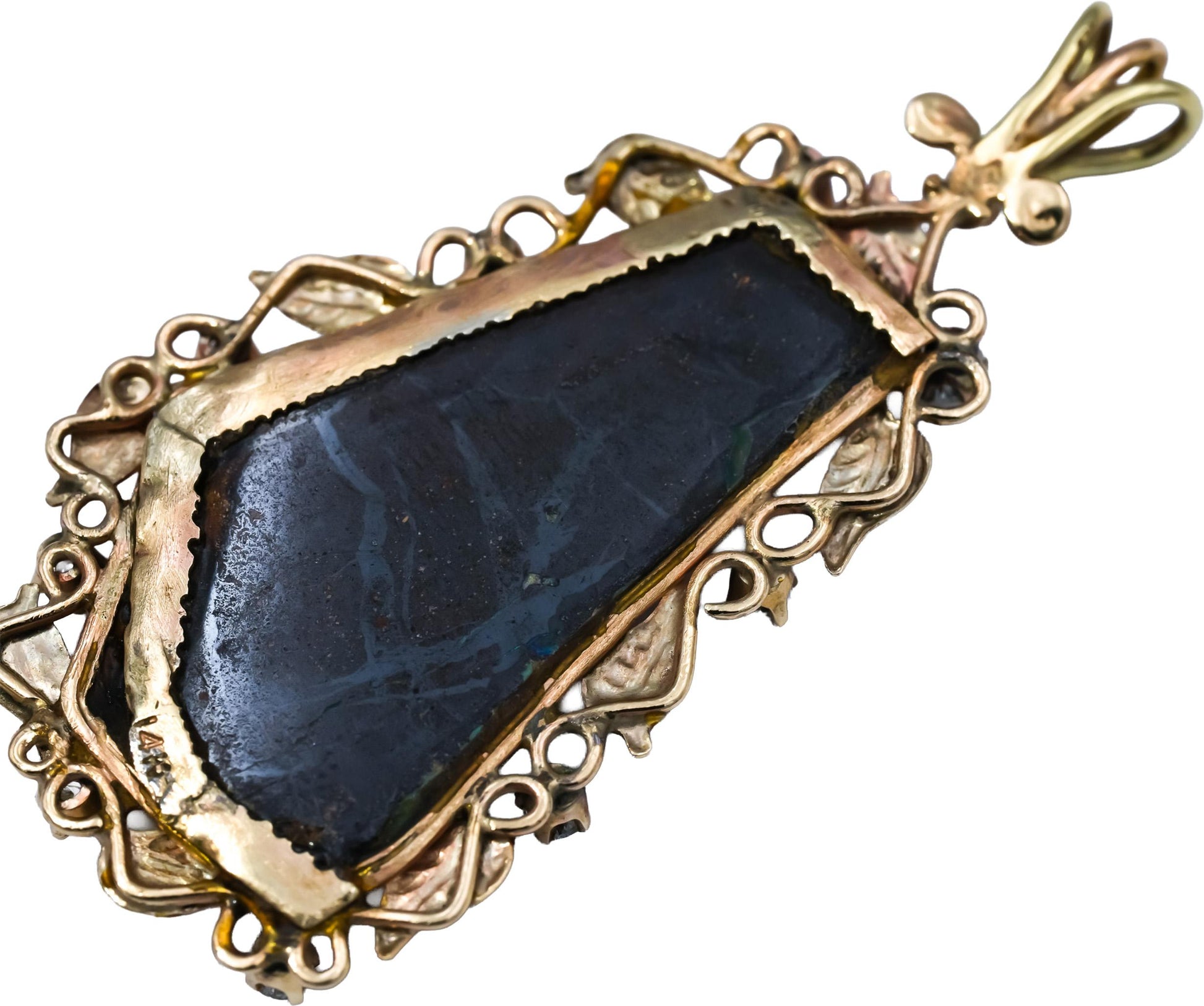 14k Yellow Gold Diamond and Opal Gemstone Custom Jumbo Pendant 0.36CT