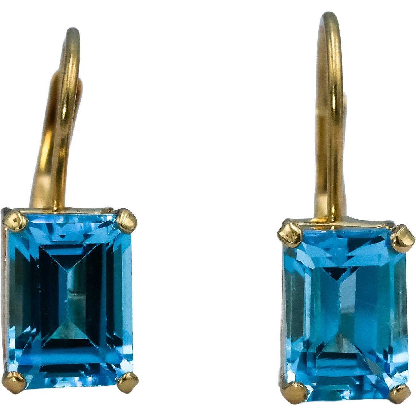 14k Yellow Gold Emerald Cut Blue Topaz Dangle Earrings 2.0CT