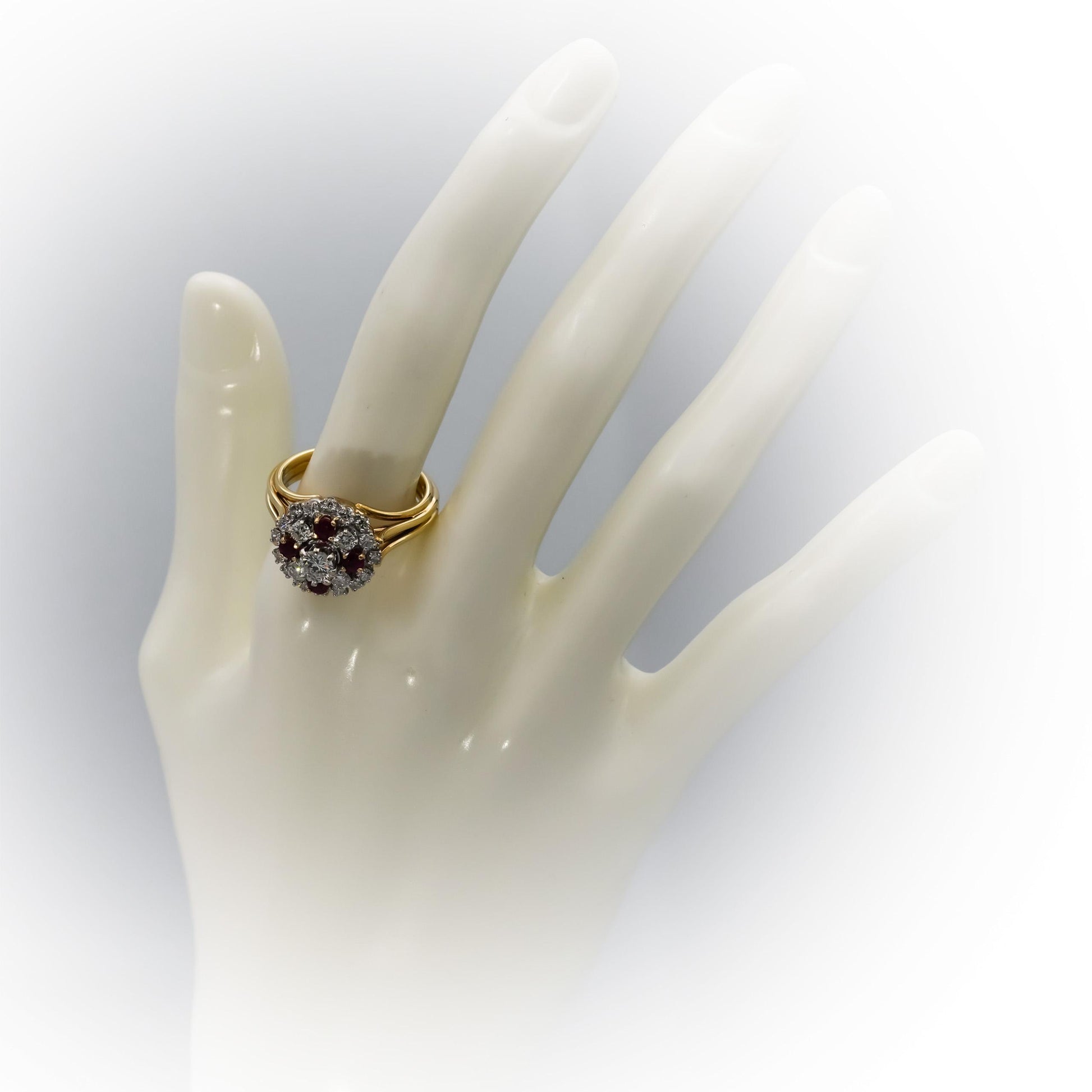 14k Yellow Gold Diamond & Ruby Cluster Cocktail Ring 1.45CT w/ .45CT Center Sz 9