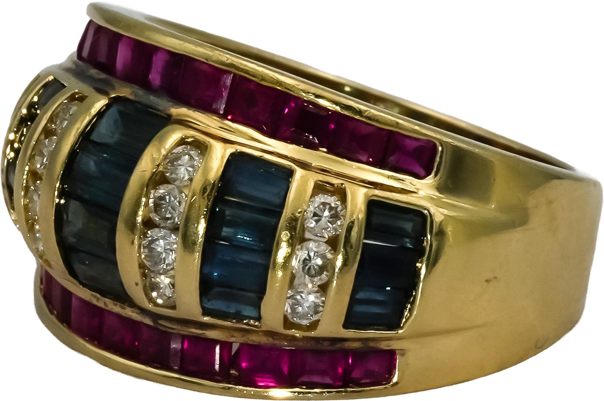 14k Yellow Gold Diamond Ruby and Sapphire Band Ring 1.30CT Size 7